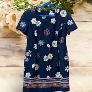 Vintage S. L. Fashions Dark Blue Floral Knee Length Dress Size 14